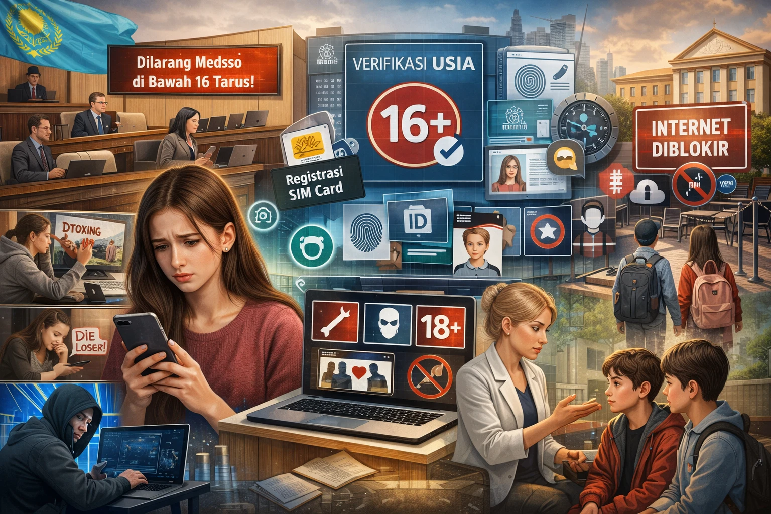 Kazakhstan menyiapkan larangan media sosial bagi anak di bawah 16 tahun dengan skema verifikasi usia ketat, registrasi SIM card, dan penguatan regulasi platform, di tengah meningkatnya kasus cyberbullying, doxing, hingga ancaman deepfake terhadap remaja serta perdebatan global tentang keselamatan digital, privasi, dan efektivitas pembatasan akses. (Ilustrasi dibuat oleh AI: Chat GPT).